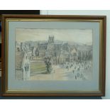 After Dennis Flanders (1915-1994, British) Sherborne School, print, signed lower right,