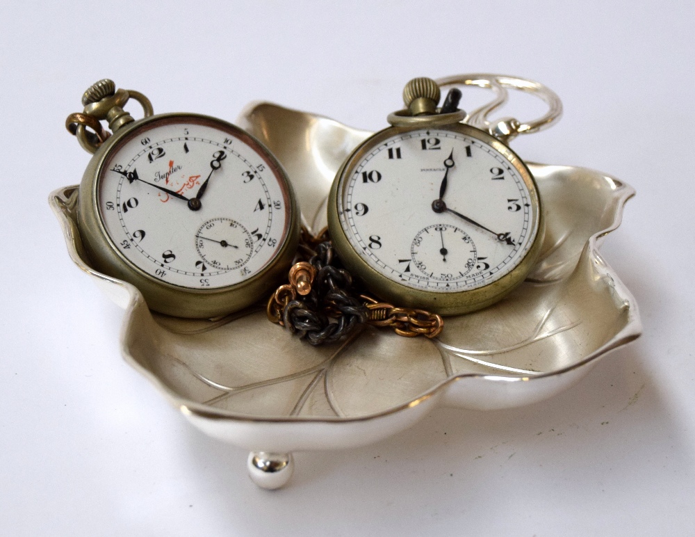 Two pocketwatches marked 'Pinnacle' and 'Jupiter' together with a WMF bonbon dish in the shape of