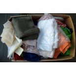Box of many lengths of dressmaking fabric to include silk taffetas, wool crepe, tweed,