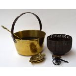 A selection of brass and copper items, to include one ash bucket, two trays in a shape of the owl,
