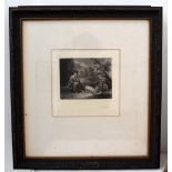 Three framed engravings in ebonised frames including - Girl Feeding Pigs by J.