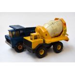 A vintage blue Tonka dumper truck together with a Tonka cement mixer