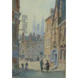 Two pictures: A double sided watercolour featuring a European town on the verso and a house with a