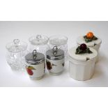 A mixed lot including three crystal glass sugar jars (one marked Galway, one Thomas Webb),