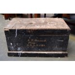A vintage wooden workbox with painted inscription