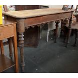 A late Victorian oak hall table with end frieze drawer on spiral turned legs 41 x 120 x 77cmH