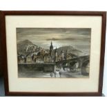 Cityscape across a bridge in a European City, possibly Prague, pen and wash on paper, framed,