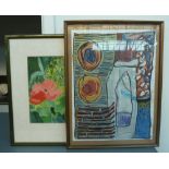 Two pictures: A watercolour of poppies together with an abstract composition