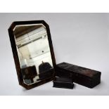 A japanned dressing mirror with ebony trinket box and Japanese laquered box decorated with figures,