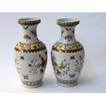 A pair of Chinese vases (20th century) with a floral decoration and butterflies on the surface,