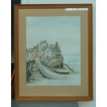 A watercolour of a coastal town at high tide,