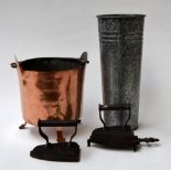 A three legged copper pot, two irons, one with trivet marked Silvester's Patent,