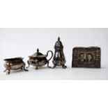 A selection of silver plated items including a pepper pot,