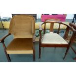 A mid century armchair upholstered in brown fabric together with one other