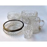 A selection of crystal cut glass, to include five bowls, one with a silver plated rim,