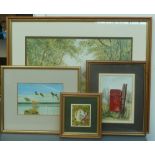 Four pictures: a watercolour of a postbox, a print of a cat on a wall titled 'Summer Days',