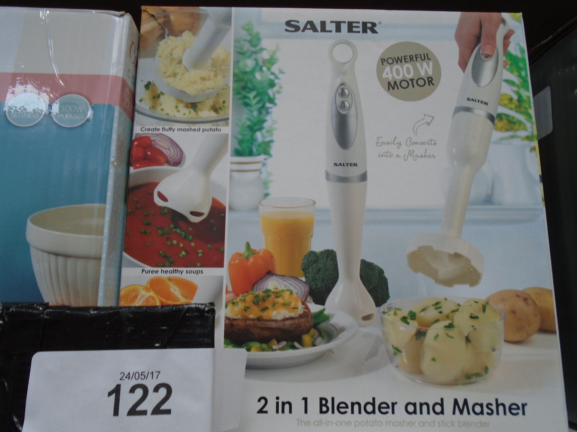 1 x Salter 2-in-1 blender and masher together with 1 x Candy Rose hand mixer and 1 x Tower stainless