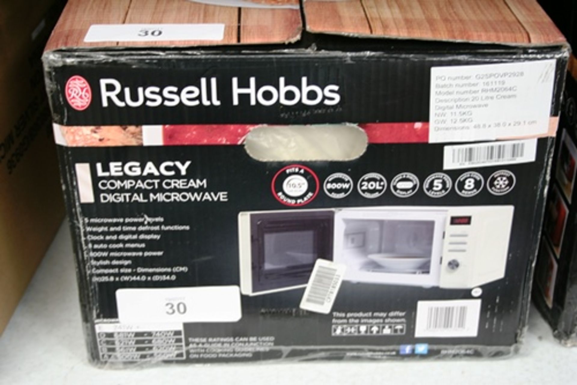 Russell Hobbs Legacy compact cream microwave, 800W, 20ltr, 240V, model RHM2064C - New in box, box