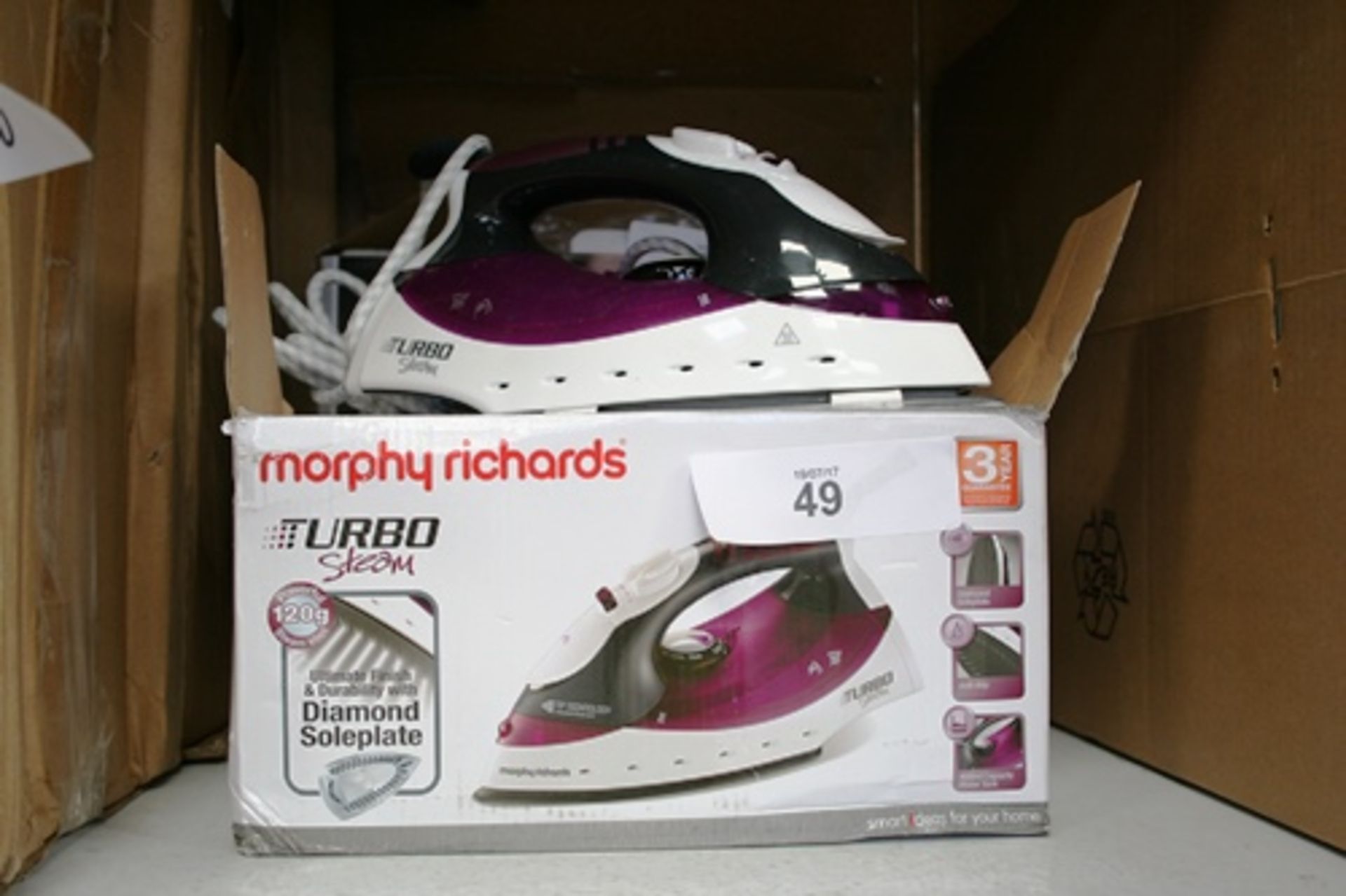 2 x Morphy Richards turbo steam irons, one missing box together with Bosch Sensixx B1 and Quest