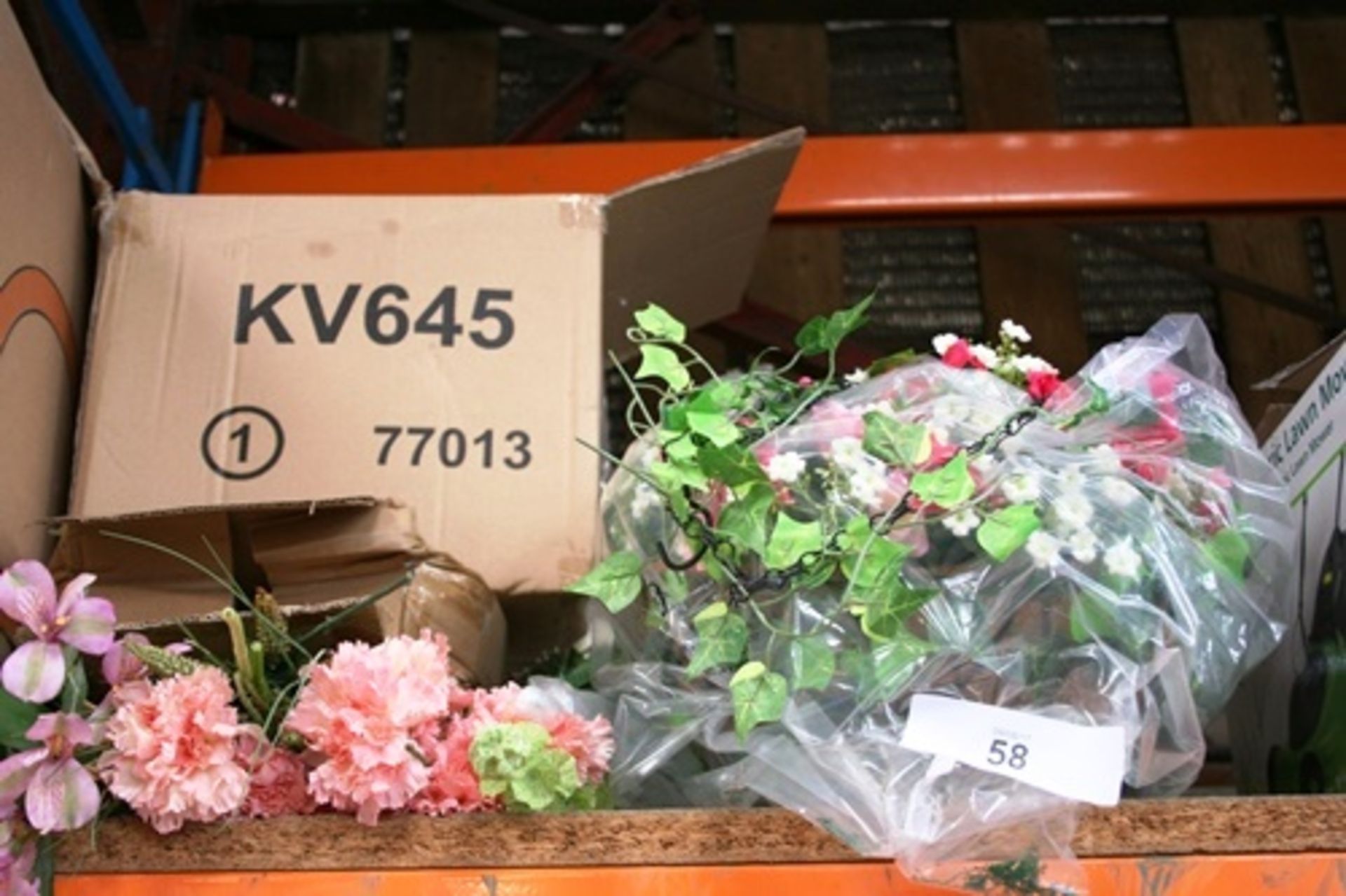 A small artificial flower lot, including 2 x hanging baskets and a bunch of white roses etc. -