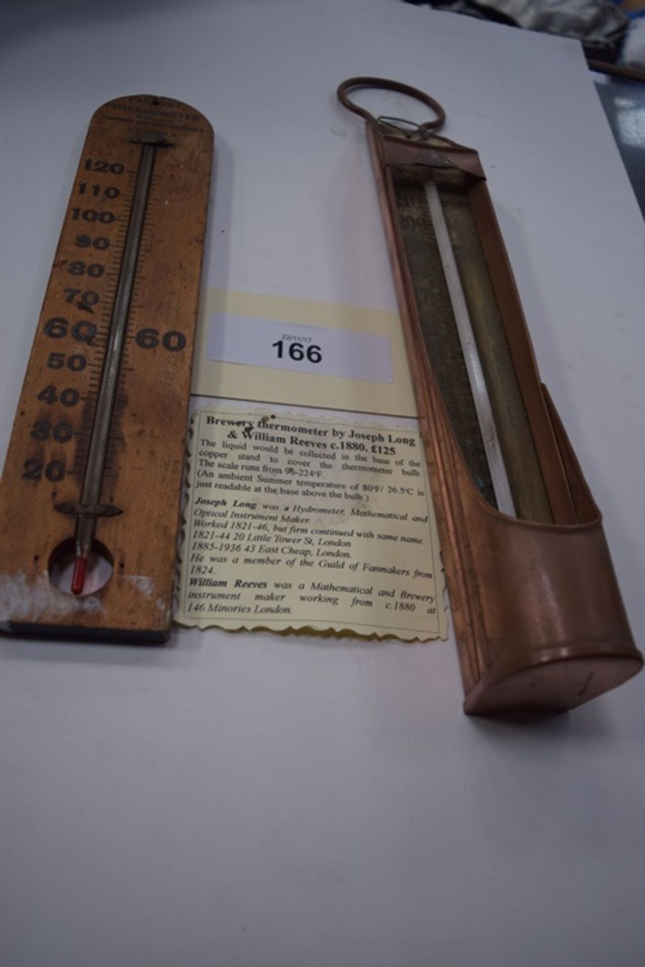 Brewery Thermometer by Joseph Long & William Reeves in cooper fitting and factory thermometer