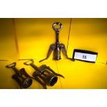 A collection of 3 corkscrews comprising 1 x Italian brass double handle with cap lifter, 1 x