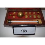 Joseph Long Sykes type brass hydrometer No. 14825, 10 matching weights, bone backed mercury