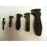 A collection of 5 assorted adjustable spanners, 1./2" unmarked, King Dick No. 0, King Dick No.1, Gir