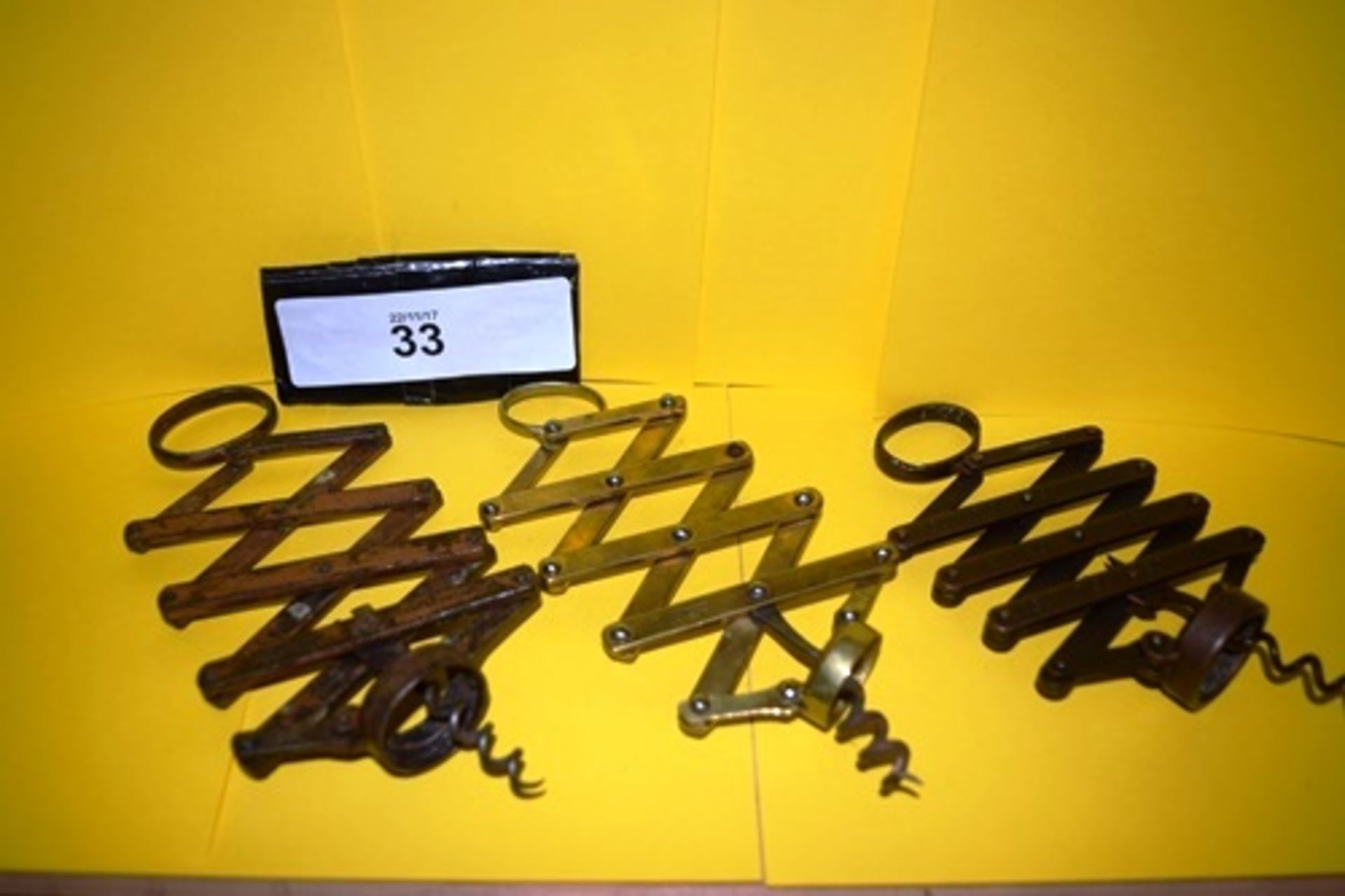 A collection of 3 x compound lever corkscrews, one marked Weir's Patent 12804 J Heeley & Sons Ltd