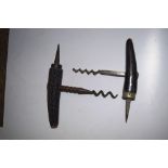 2 x T Corkscrews (1) with dark horn handle and spike with centre helix, (2) rough horn handle and sp