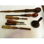 2 Old wooden handled screwdrivers (1 London pattern) 3 old wood chisels (2 marked) and an old file s