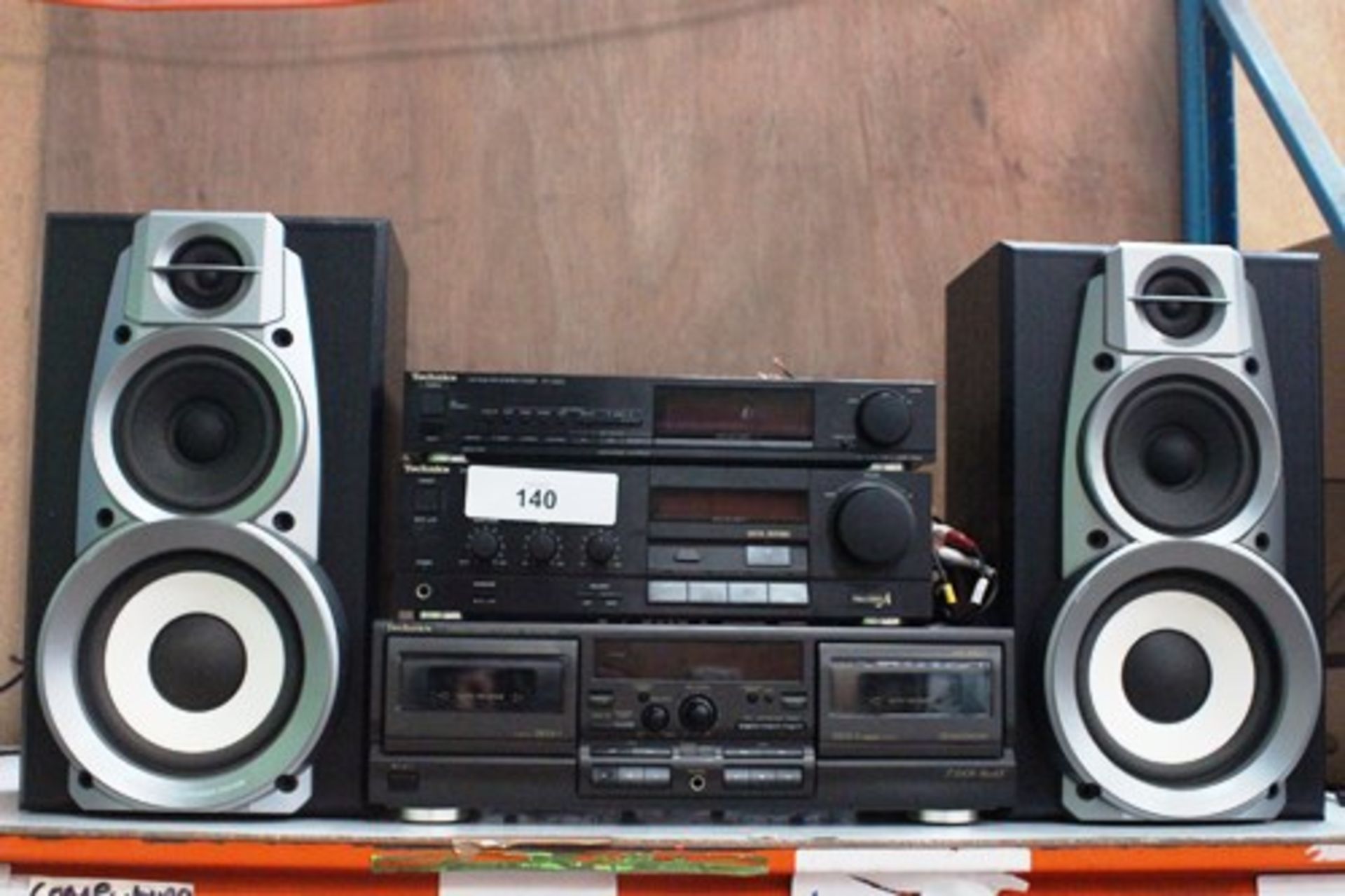 A pair of Technics SV-DV290 speakers, together with a Technics twin tape deck, amp and FM