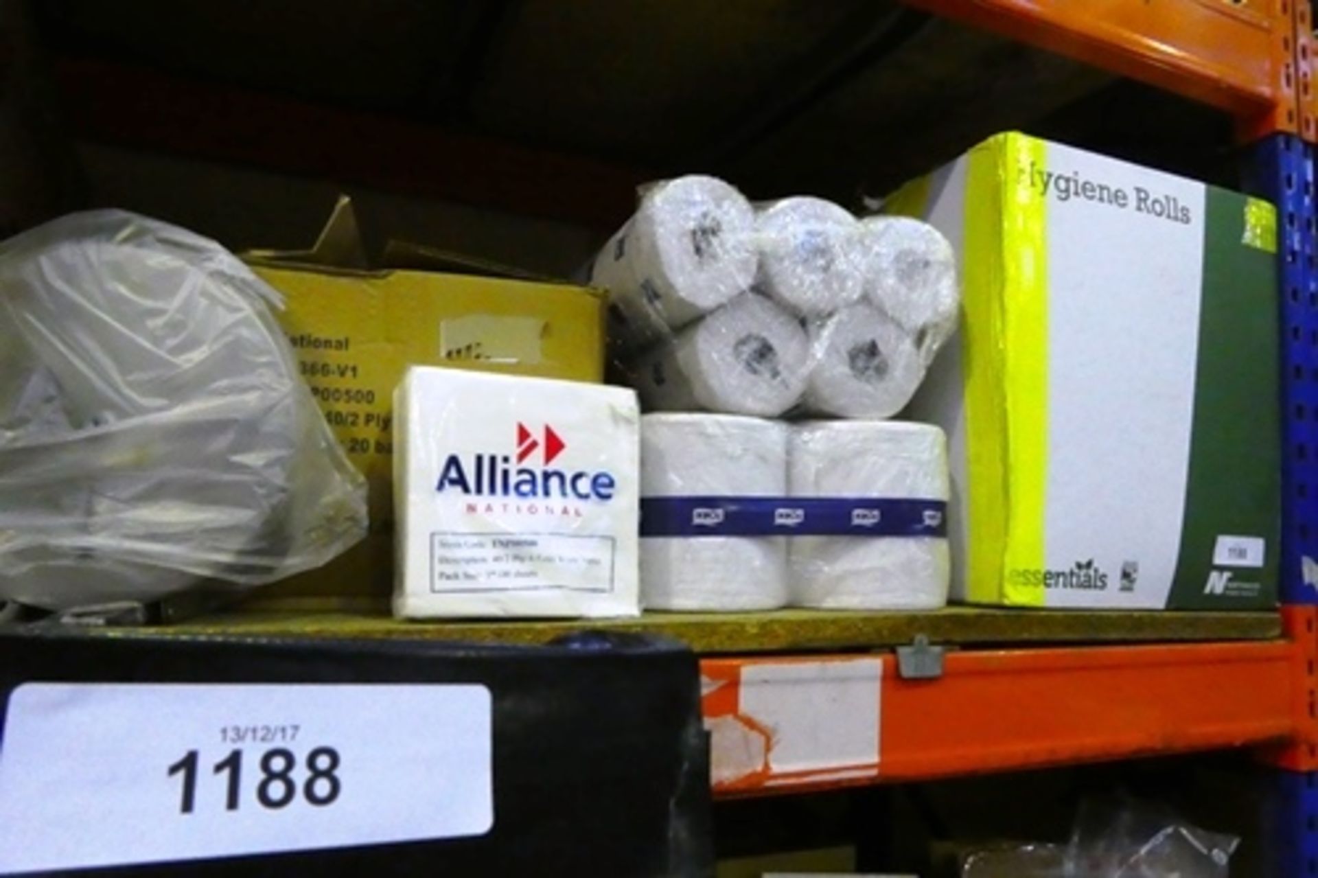 Approximately a half shelf of cleaning rolls including Hygiene rolls, Tork rolls and a box of 2