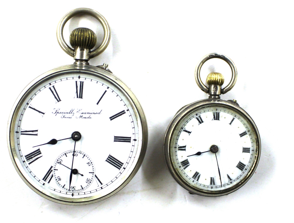 A silver pocket watch and a silver fob watch