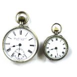 A silver pocket watch and a silver fob watch