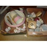 Two boxes of various china; dressing table items;