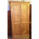 A large stripped pine two door storage cupboard