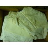 A box of lace, linen and textiles