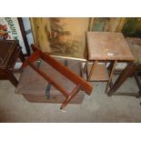 A small pine wall shelf; a bamboo two tier table a