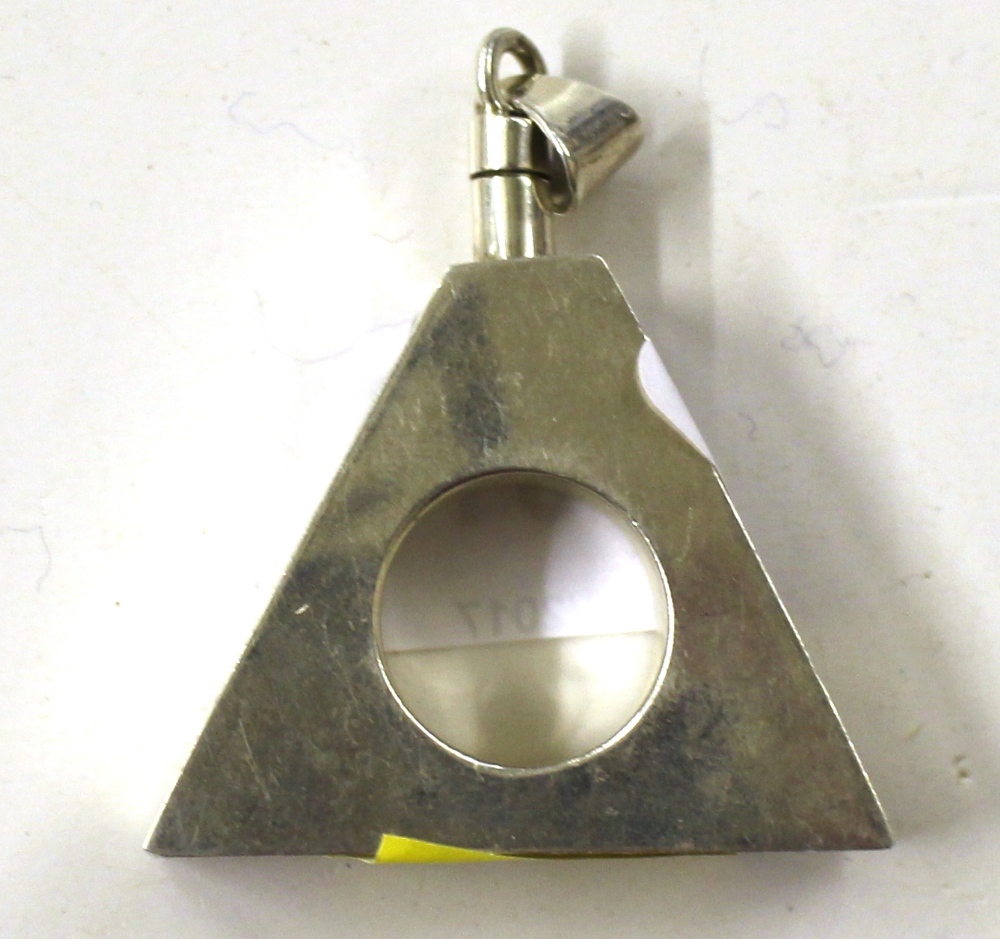 A silver triangular shaped scent bottle, stamped 9