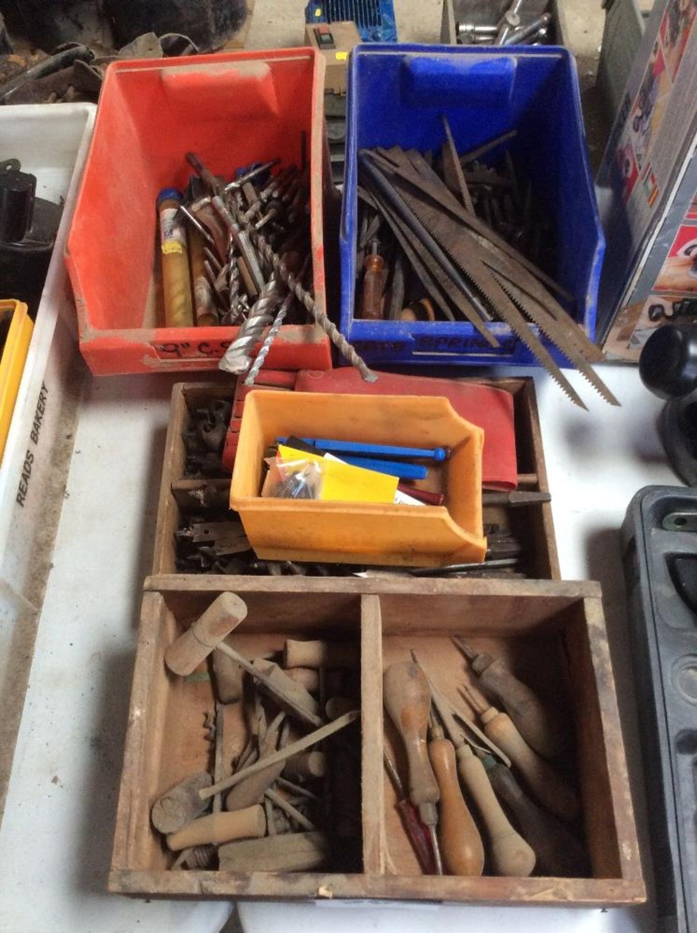 5 boxes drill bits, glass cutters etc