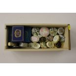 A tray containing modern Bilston enamel boxes, and