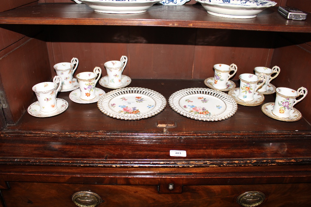 Eight various Dresden pattern coffee cups and saucers; and a pair of continental porcelain pierced - Image 2 of 10