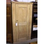 A stripped pine single door storage cupboard