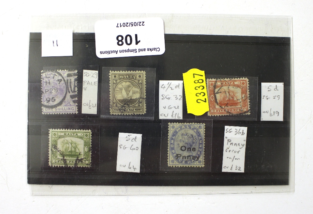 Five Maltease stamps to include 5p, 1p, 1 schillin