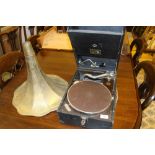 A HMV table top gramophone with brass horn