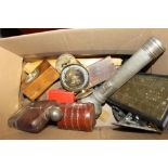 A box of various sundries to include a brass cribb