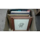 A box of LPs and pictures and prints