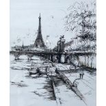 A pencil signed Parisian scene depicting the Eiffe