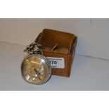 A silver cased pocket watch, hung with a pocket wa